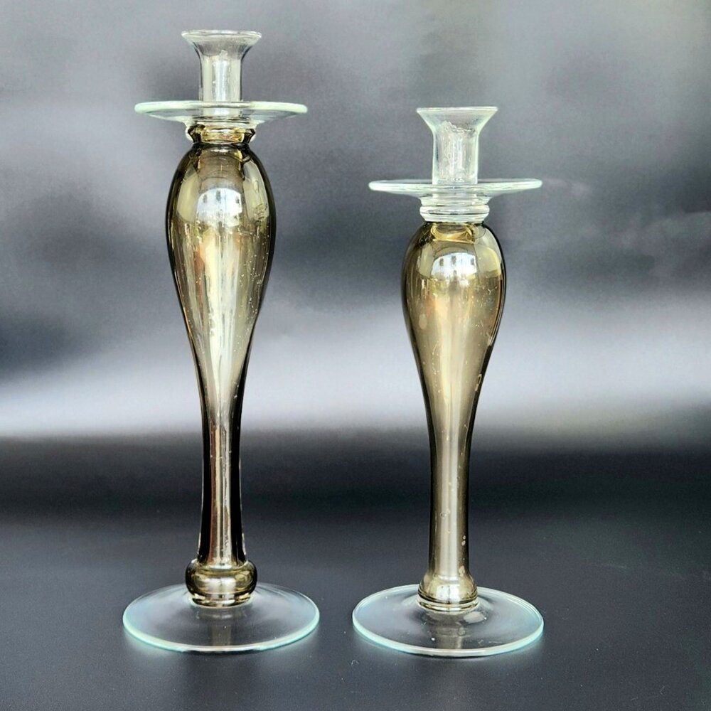Vintage Crate & Barrel - Smoked Glass Candlestick Holders - Pair - Varied Height